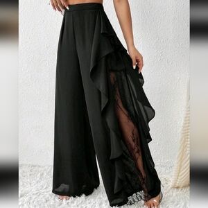 Contrast Lace Ruffle Trim Wide Leg Pants